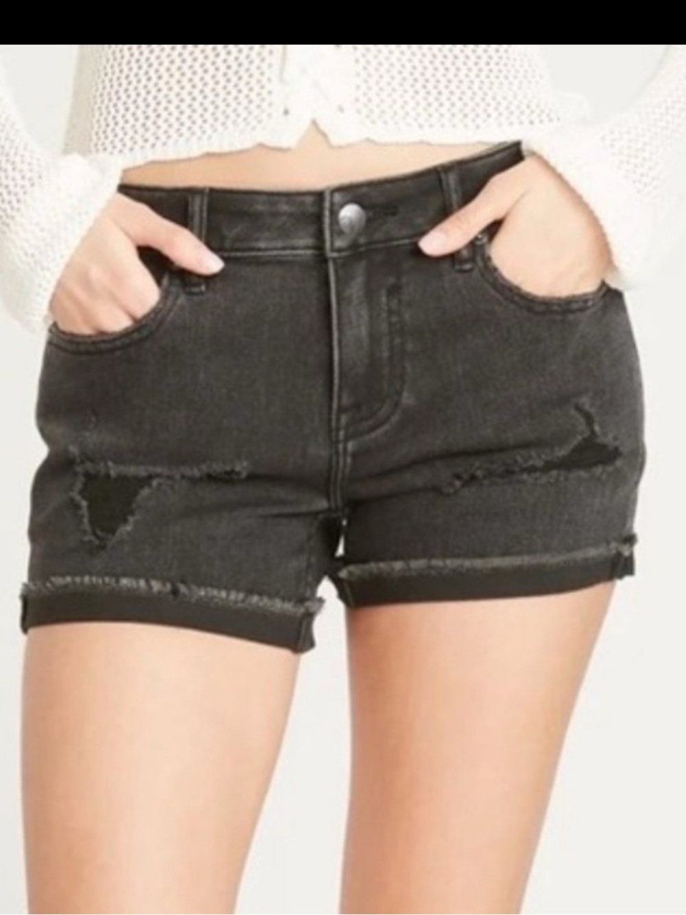 EUC VIGOSS Marley Mid Rise Black Destructed Acid Wash Tacked Cuff Short Size 27
